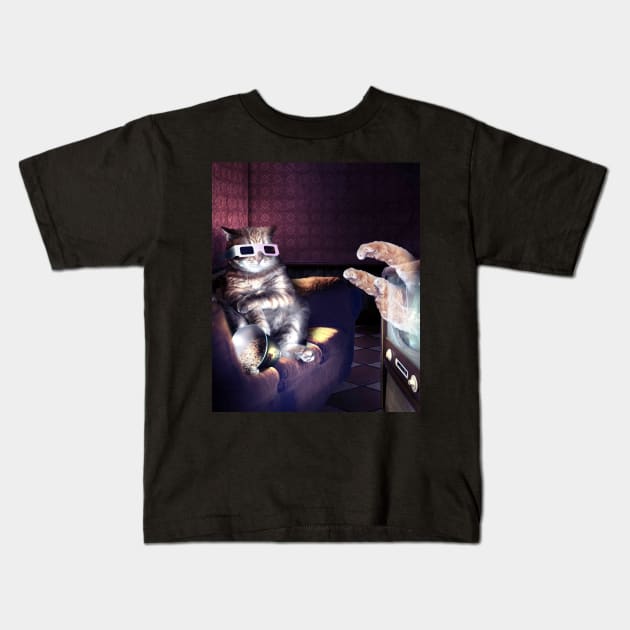 Cat With 3D Glasses Watching 3D Horror Movie Kids T-Shirt by Random Galaxy